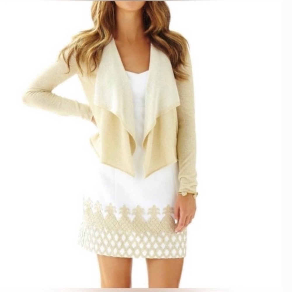 Lilly Pulitzer Colony Open Drape Front Cardigan Sweater Gold Metallic Size Small